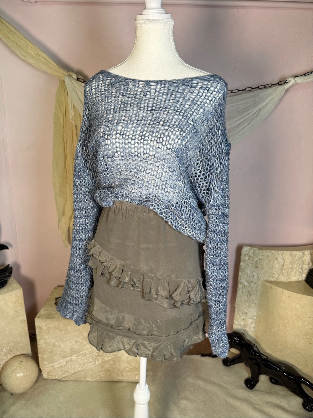 Blue Open Knit Slouchy Off Shoulder Sweater